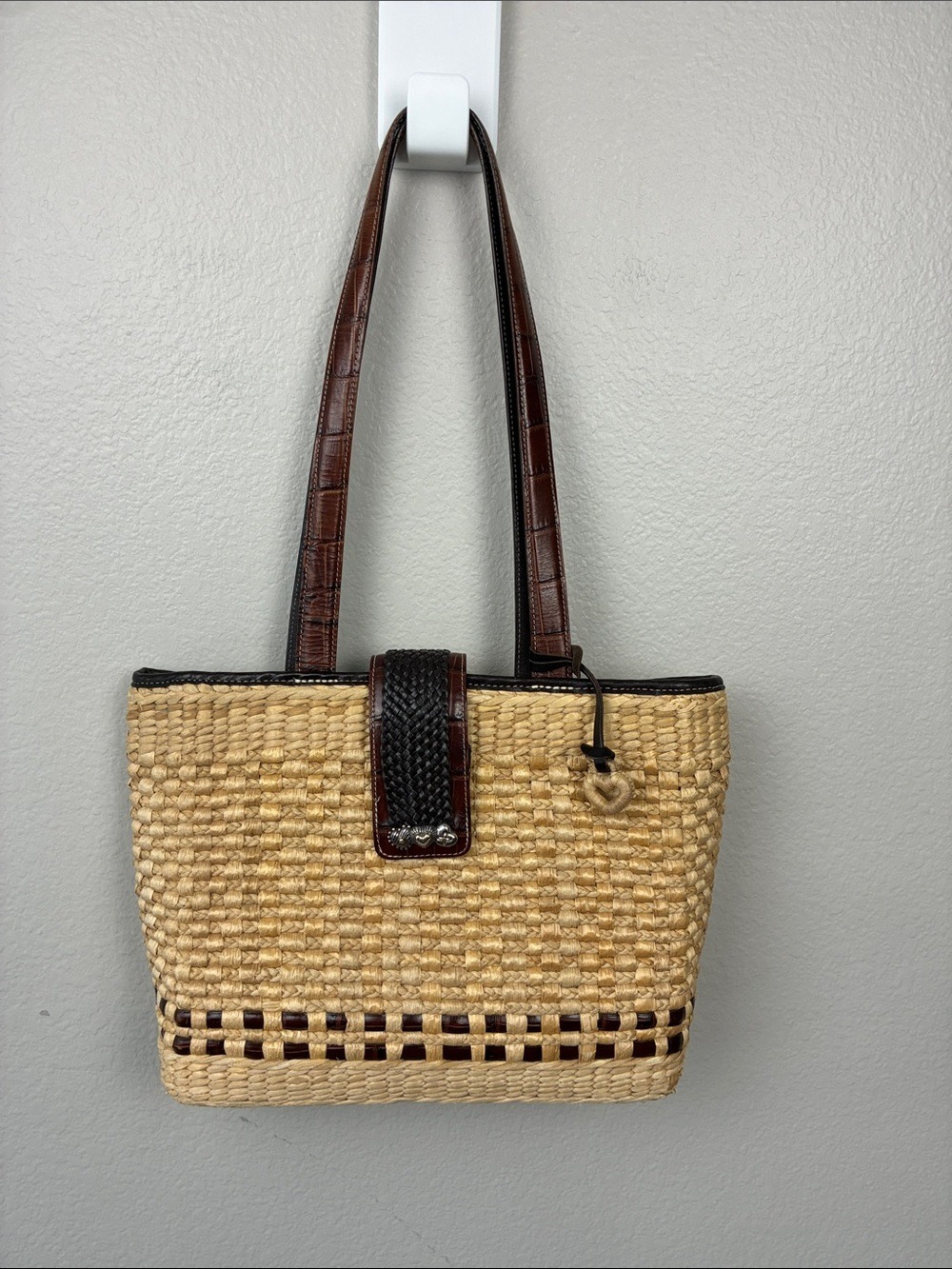 Brighton Hallie Straw Tote Bag Woven Raffia & Brown Croc Leather Purse